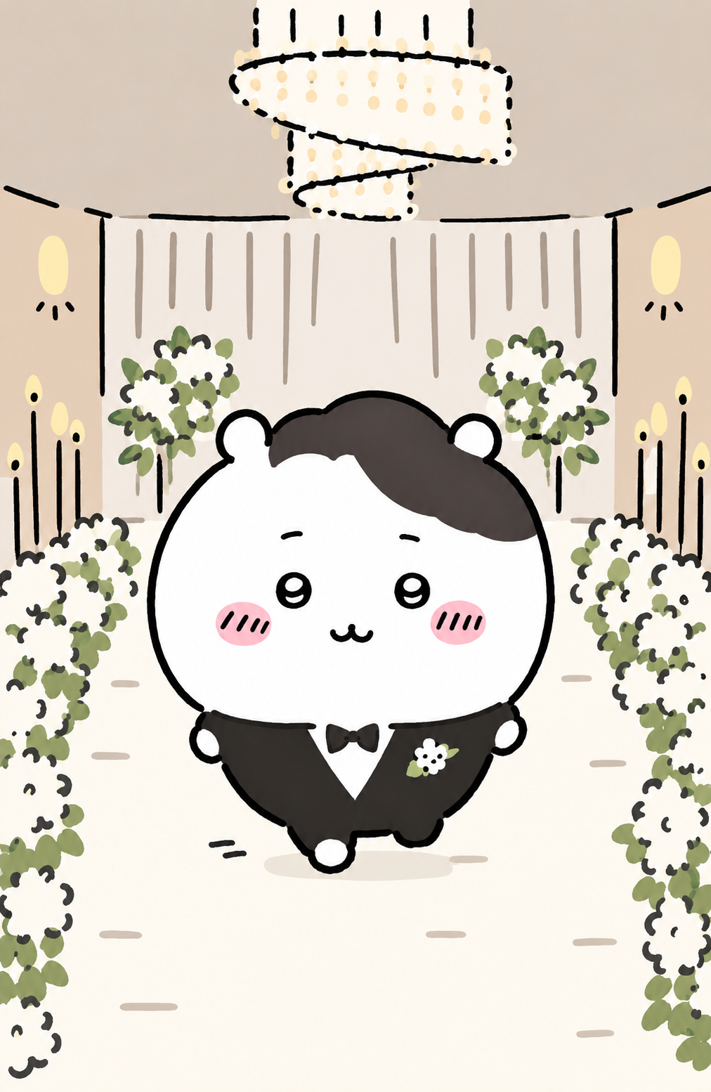 넓은 흰 눈과 작은 눈·입, 평평한 털 무늬의 둥근 곰 신랑이 샹들리에 아래 꽃길을 걷는 승인된 r8 낙서풍 예시